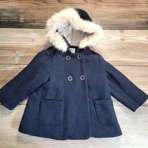 Zara baby girl double button navy blue hooded peacoat with detachable fur.